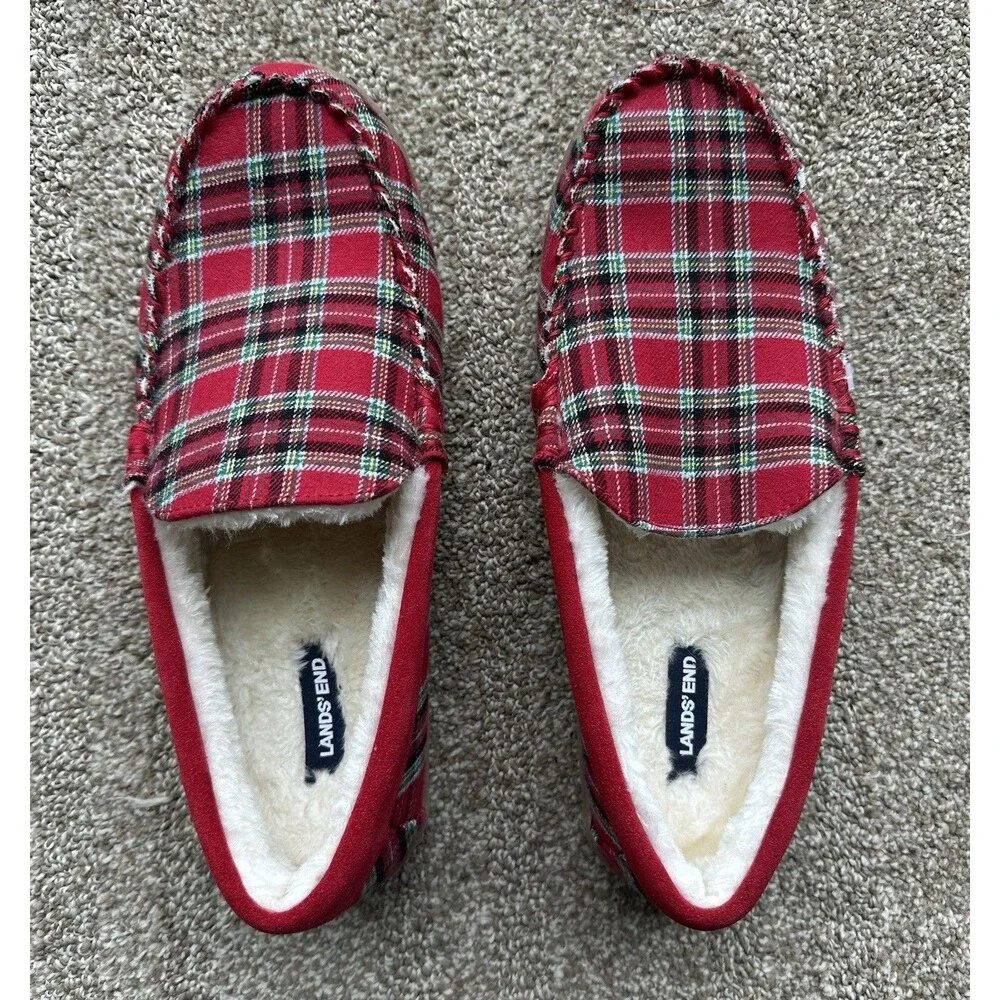 Lands’ End Red Plaid Faux Fur Lined Moccasin Slippers Men’s Size 10